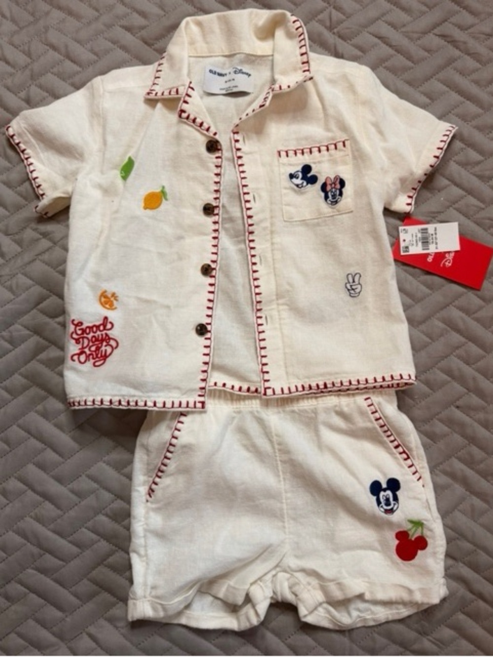Disney Cream Two-Piece Mickey & Minnie Embroidered Kids Matching Set